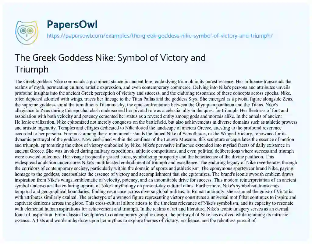 Essay on The Greek Goddess Nike: Symbol of Victory and Triumph