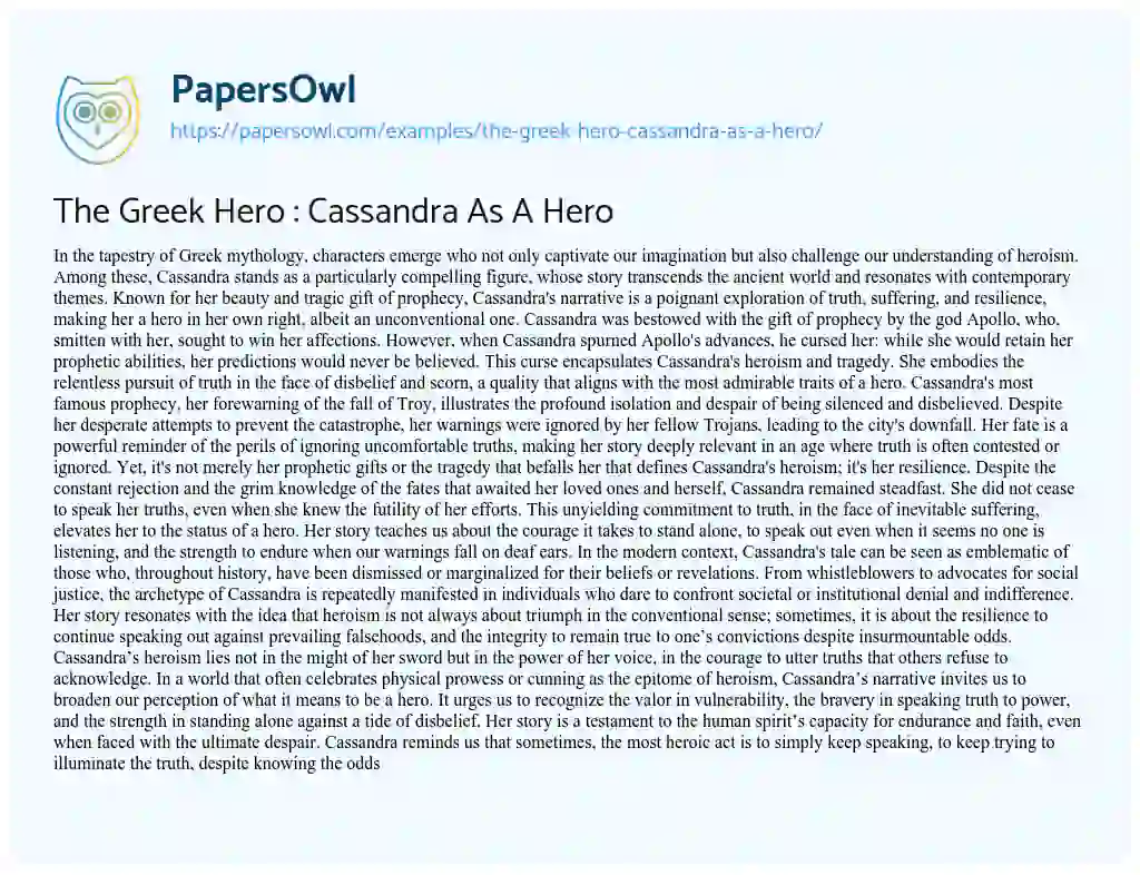 Essay on The Greek Hero : Cassandra as a Hero