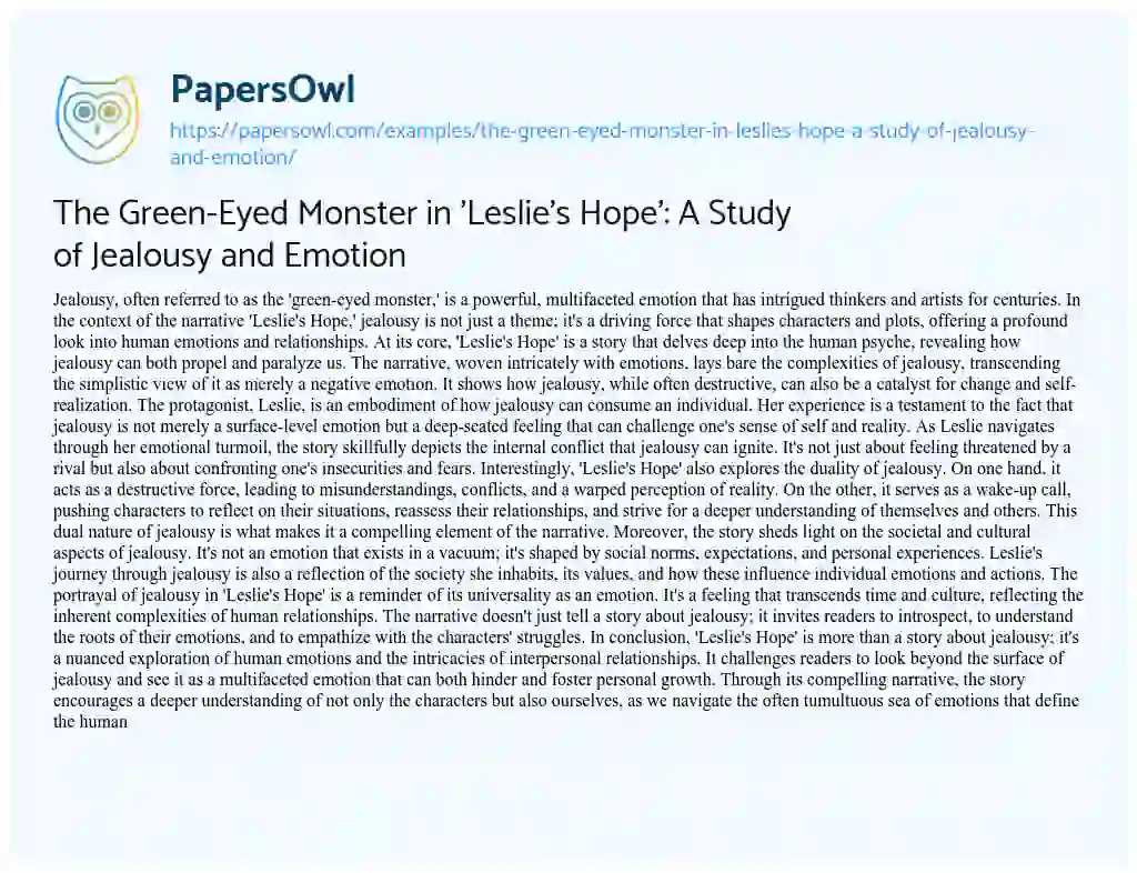 Essay on The Green-Eyed Monster in ‘Leslie’s Hope’: a Study of Jealousy and Emotion