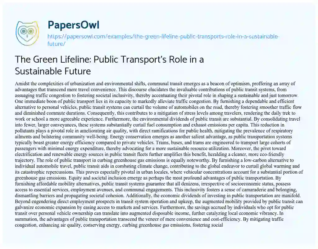 Essay on The Green Lifeline: Public Transport’s Role in a Sustainable Future