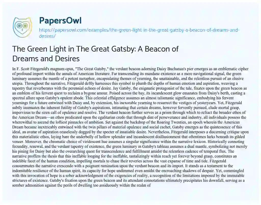 Essay on The Green Light in the Great Gatsby: a Beacon of Dreams and Desires
