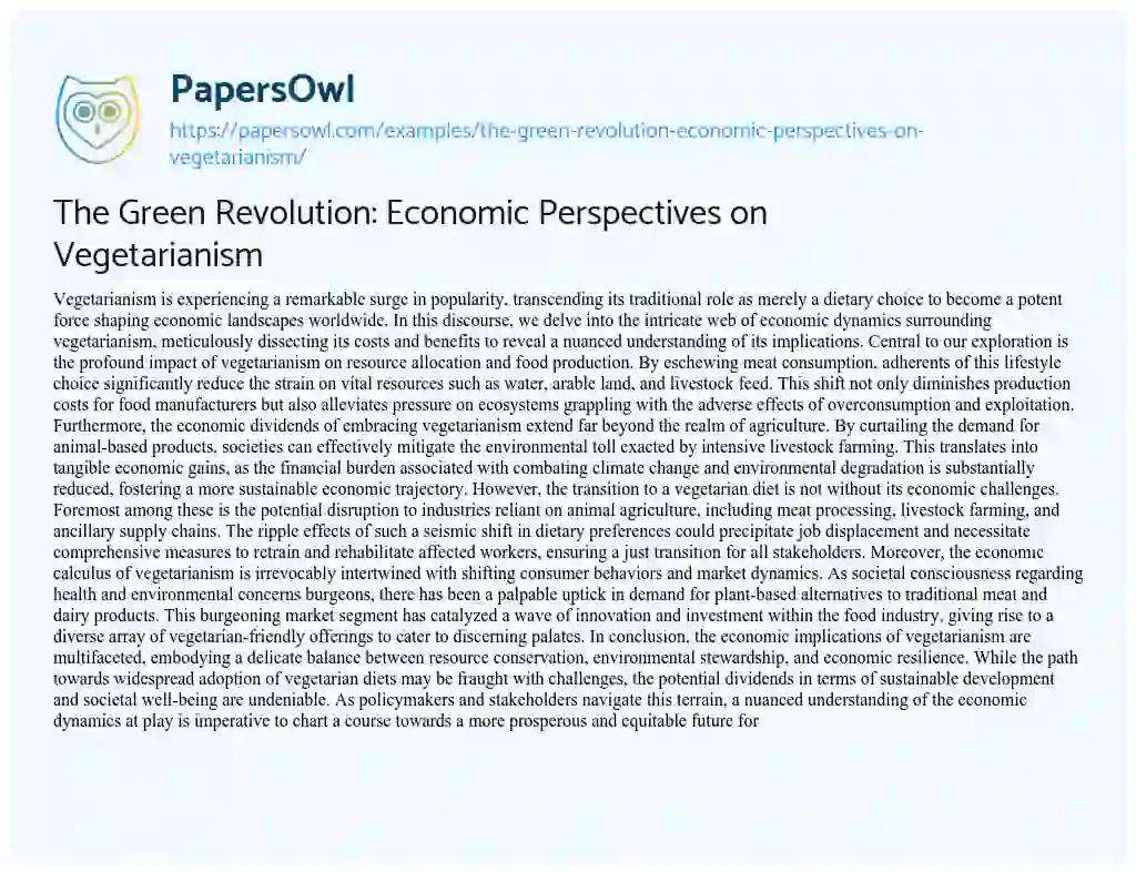 Essay on The Green Revolution: Economic Perspectives on Vegetarianism