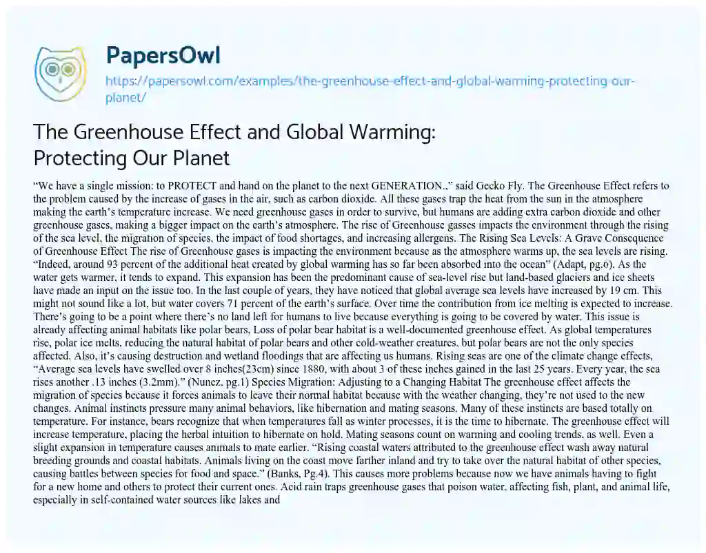 Essay on The Greenhouse Effect and Global Warming: Protecting our Planet