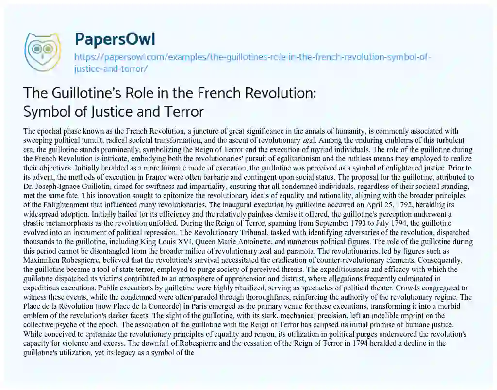 Essay on The Guillotine’s Role in the French Revolution: Symbol of Justice and Terror