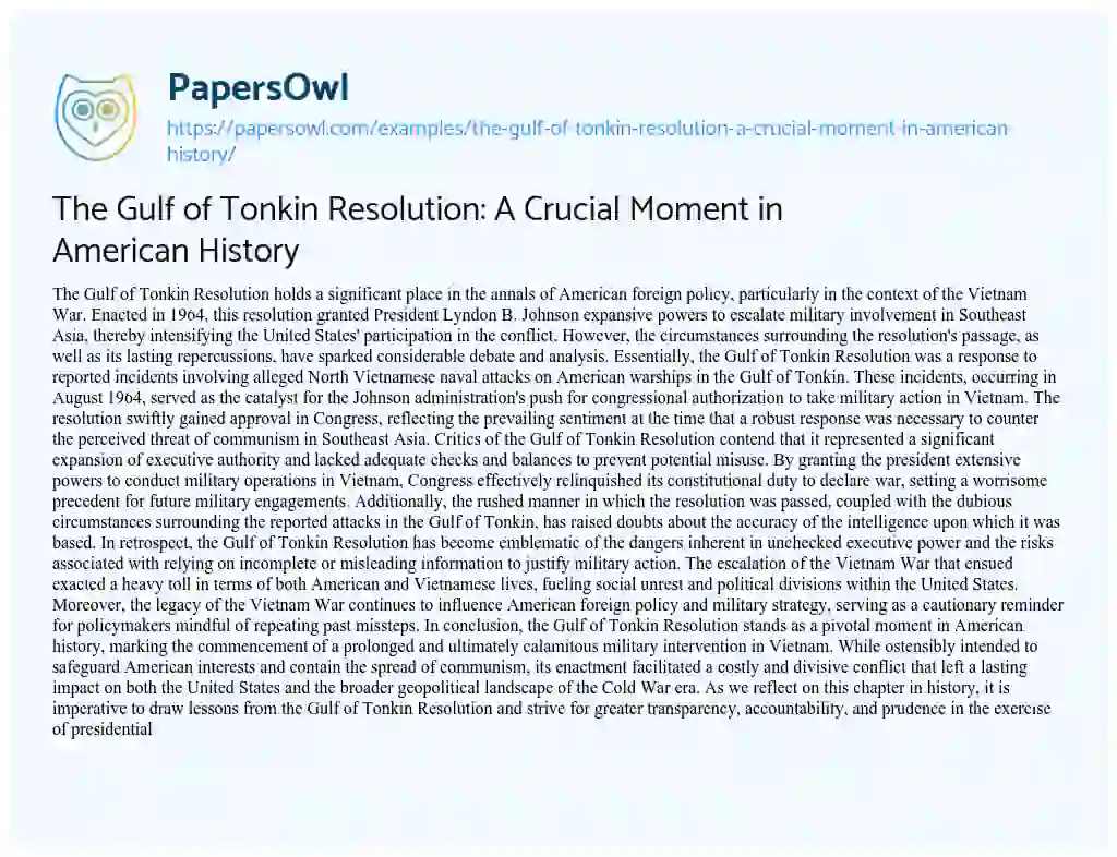 Essay on The Gulf of Tonkin Resolution: a Crucial Moment in American History
