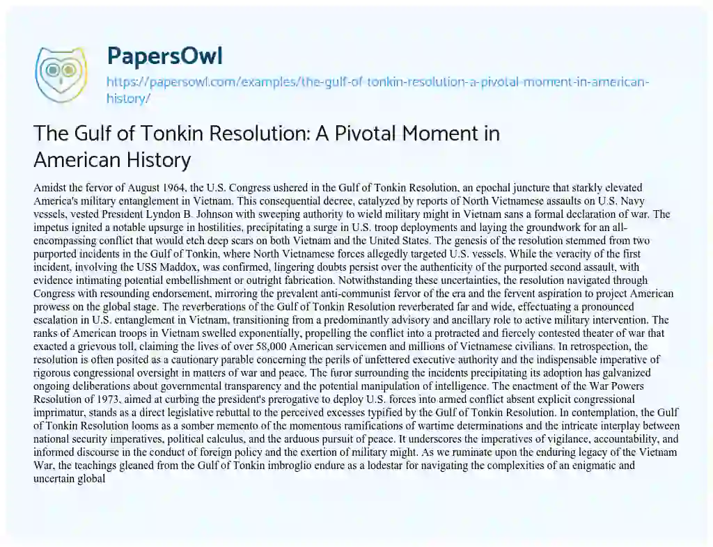 Essay on The Gulf of Tonkin Resolution: a Pivotal Moment in American History