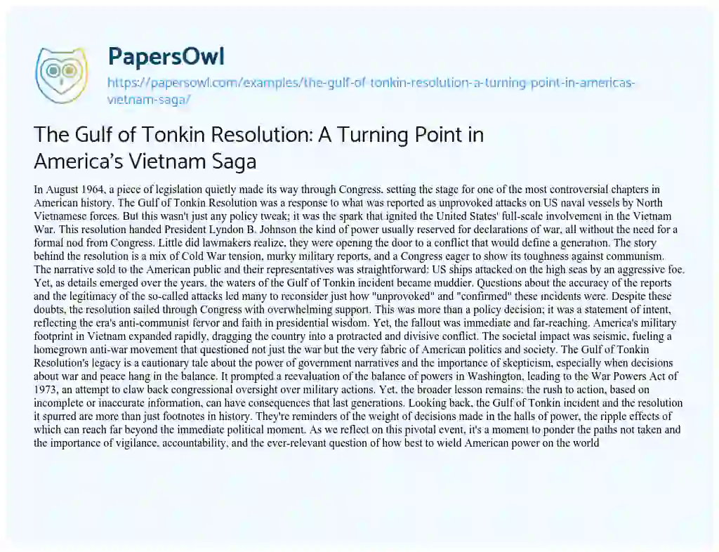 Essay on The Gulf of Tonkin Resolution: a Turning Point in America’s Vietnam Saga