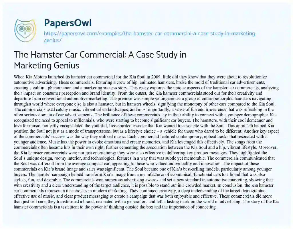 Essay on The Hamster Car Commercial: a Case Study in Marketing Genius