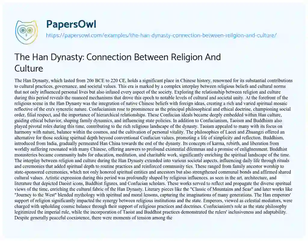 Essay on The Han Dynasty: Connection between Religion and Culture