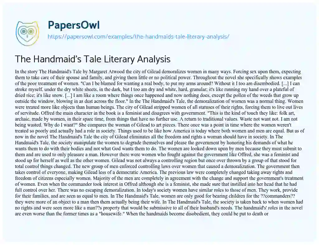literary analysis essay handmaid's tale