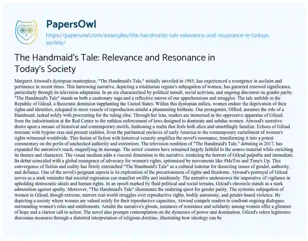 Essay on The Handmaid’s Tale: Relevance and Resonance in Today’s Society