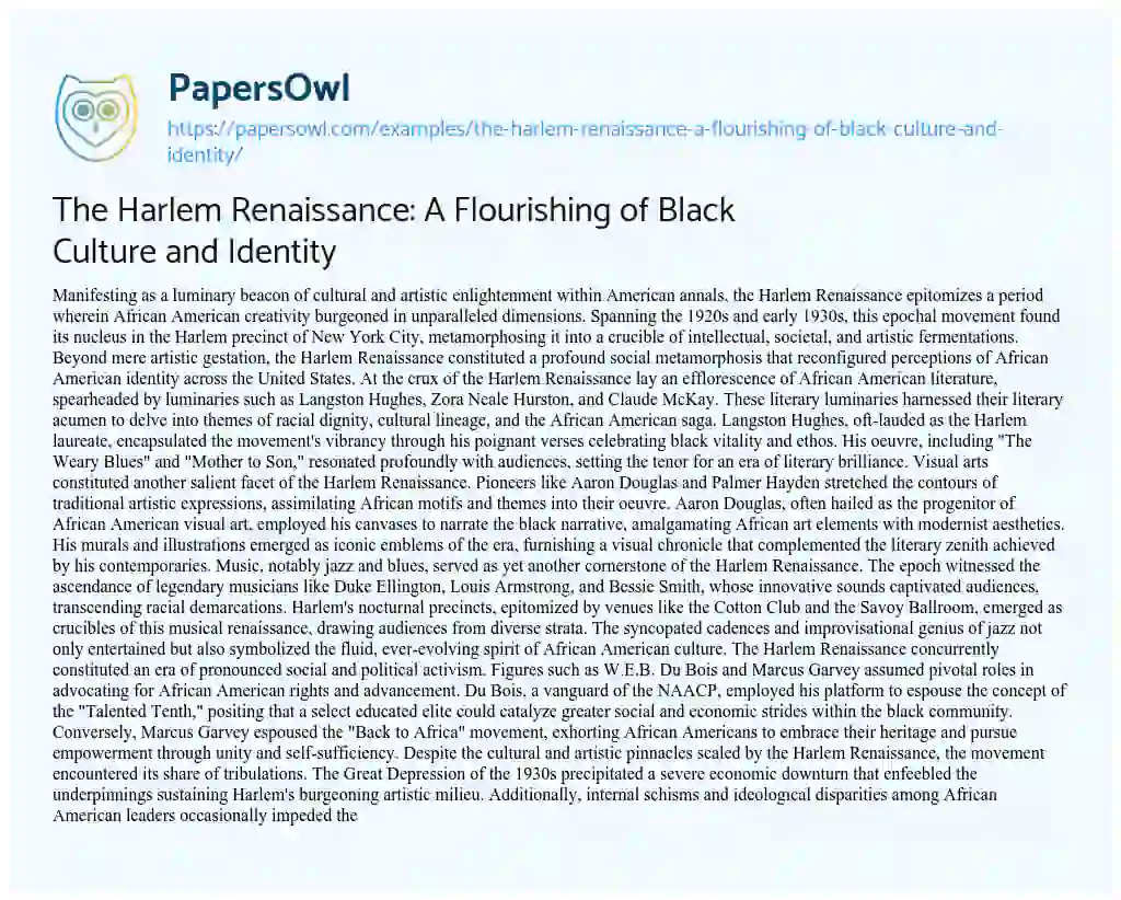 Essay on The Harlem Renaissance: a Flourishing of Black Culture and Identity
