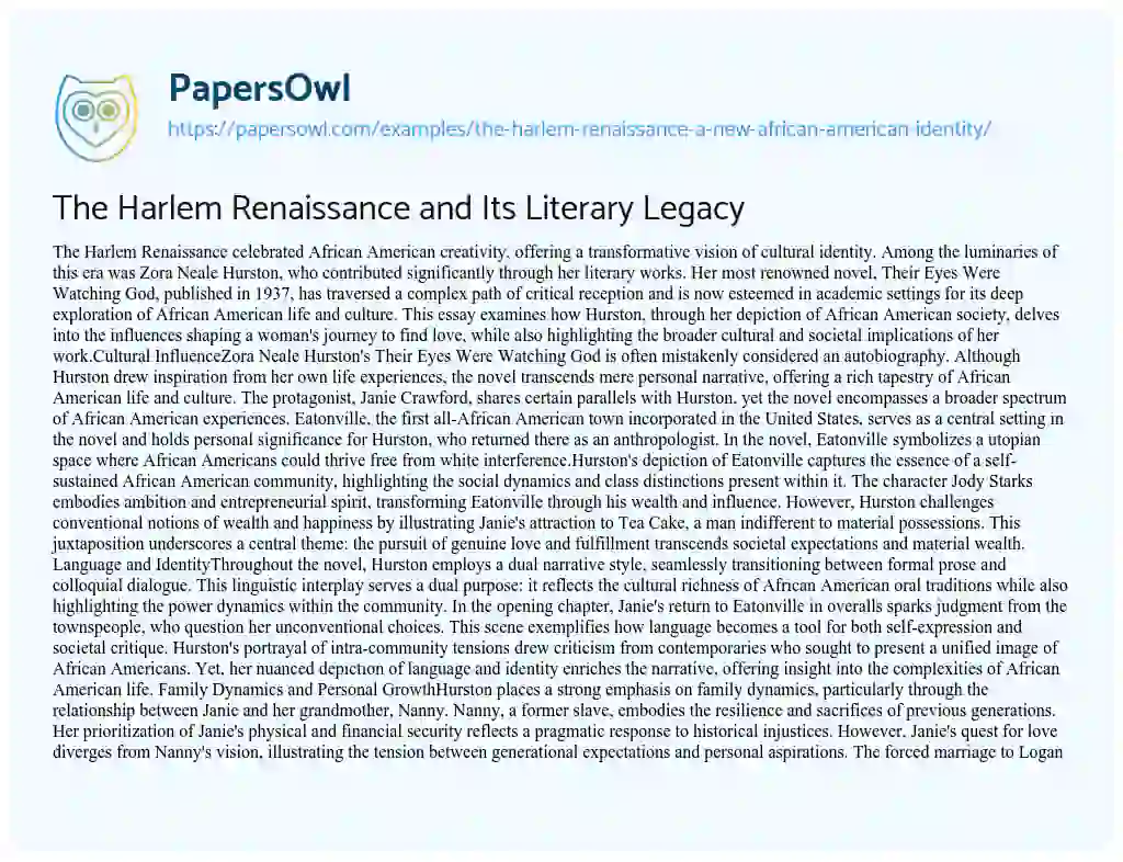 Essay on The Harlem Renaissance: a New African American Identity