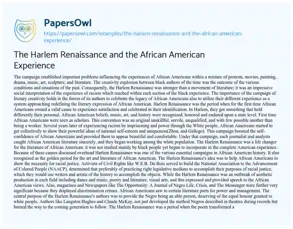 Essay on The Harlem Renaissance and the African American Experience