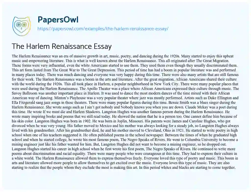 The Harlem Renaissance Essay essay