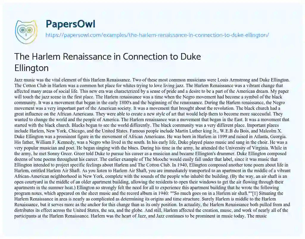 The Harlem Renaissance in Connection to Duke Ellington essay