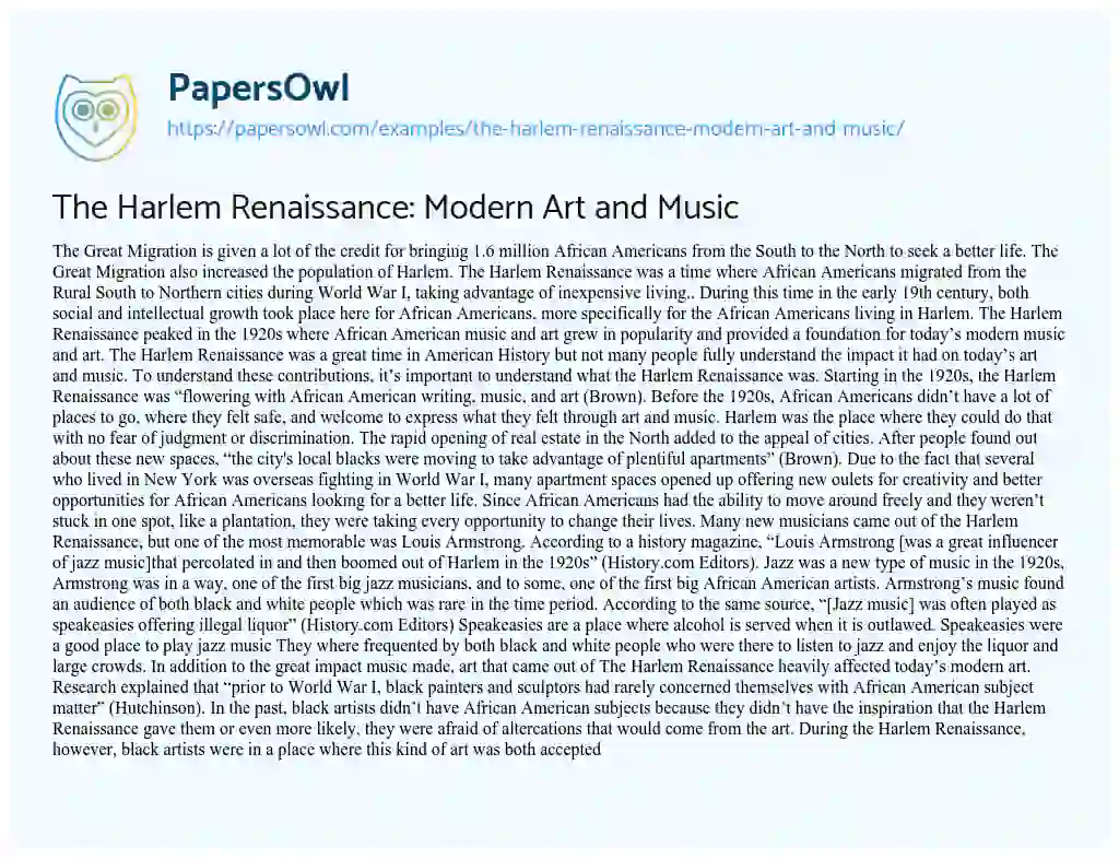 The Harlem Renaissance: Modern Art and Music essay