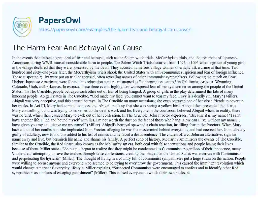 Essay on The Harm Fear and Betrayal Can Cause