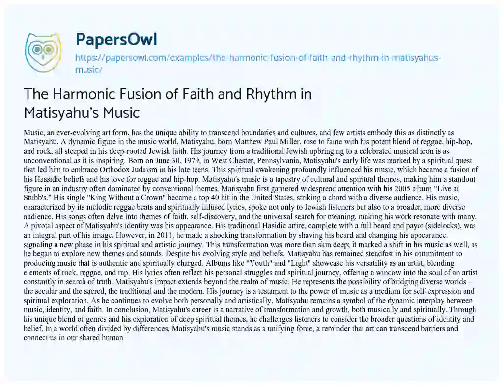 Essay on The Harmonic Fusion of Faith and Rhythm in Matisyahu’s Music