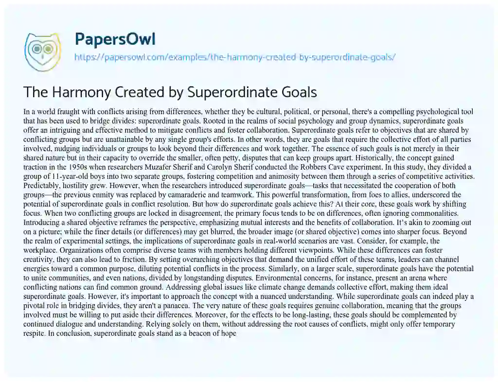 Essay on The Harmony Created by Superordinate Goals