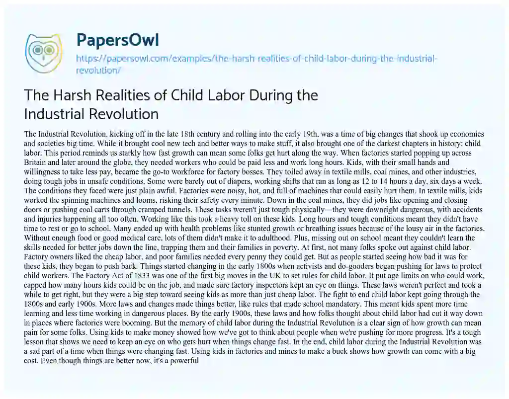 Essay on The Harsh Realities of Child Labor during the Industrial Revolution