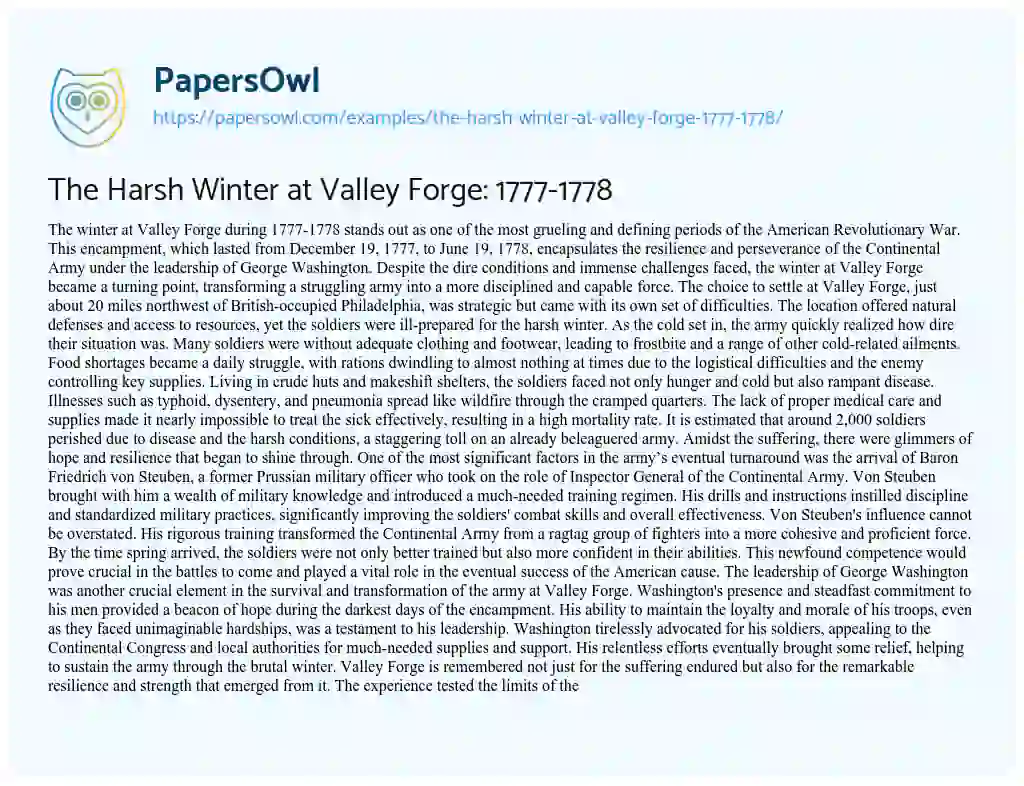 Essay on The Harsh Winter at Valley Forge: 1777-1778