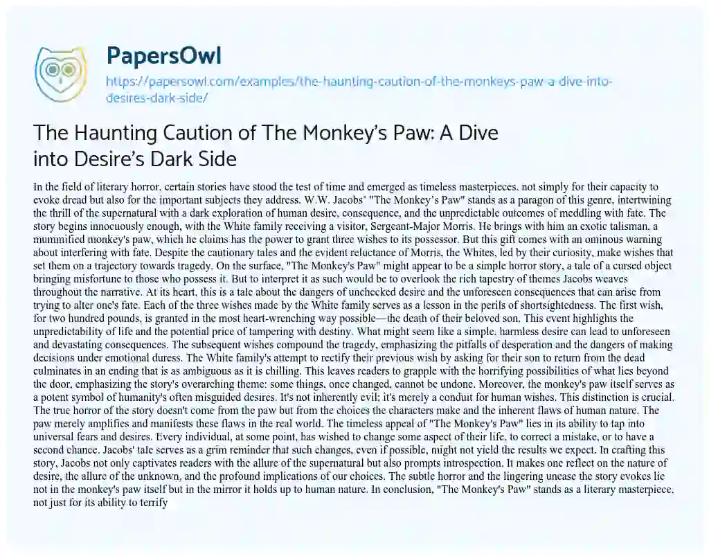 Essay on The Haunting Caution of the Monkey’s Paw: a Dive into Desire’s Dark Side