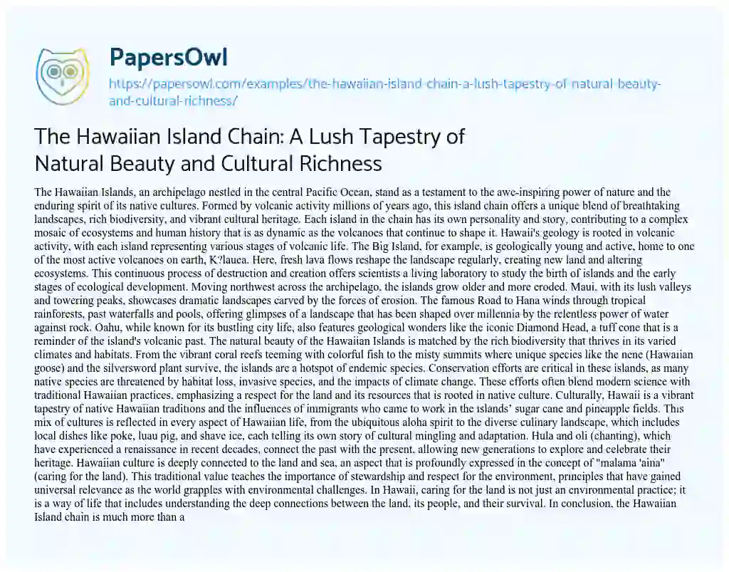 Essay on The Hawaiian Island Chain: a Lush Tapestry of Natural Beauty and Cultural Richness