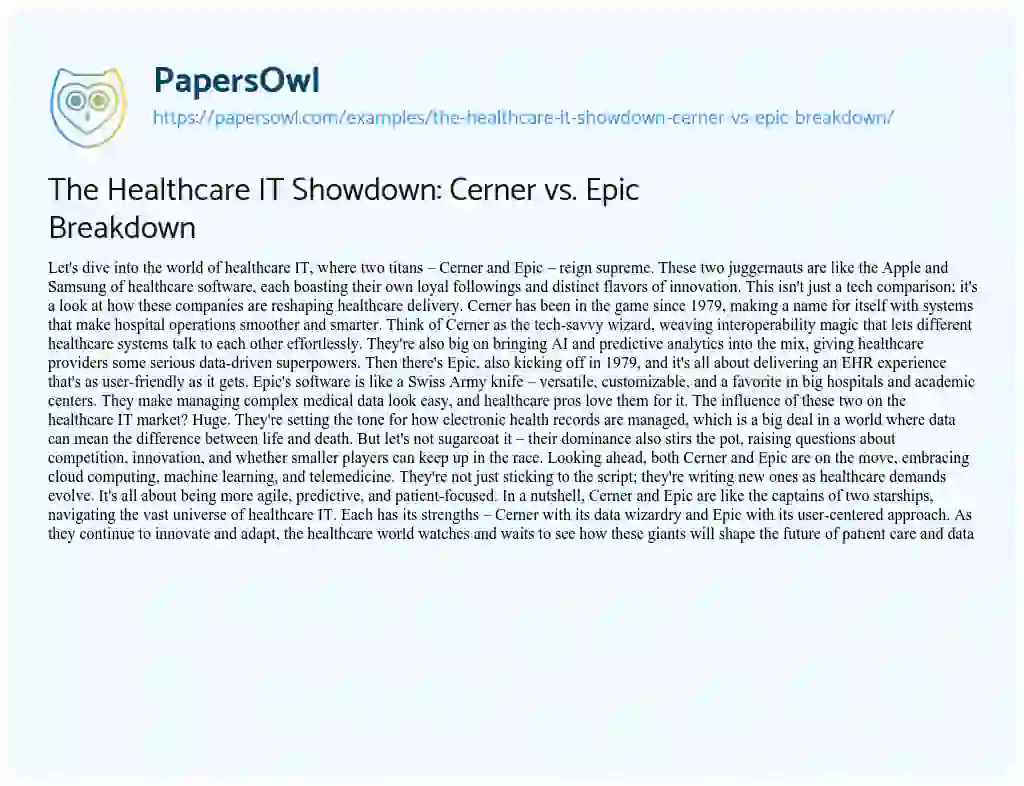 Essay on The Healthcare it Showdown: Cerner Vs. Epic Breakdown