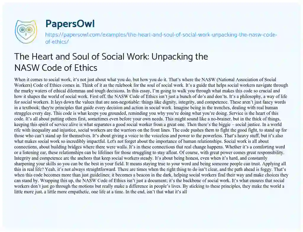 Essay on The Heart and Soul of Social Work: Unpacking the NASW Code of Ethics