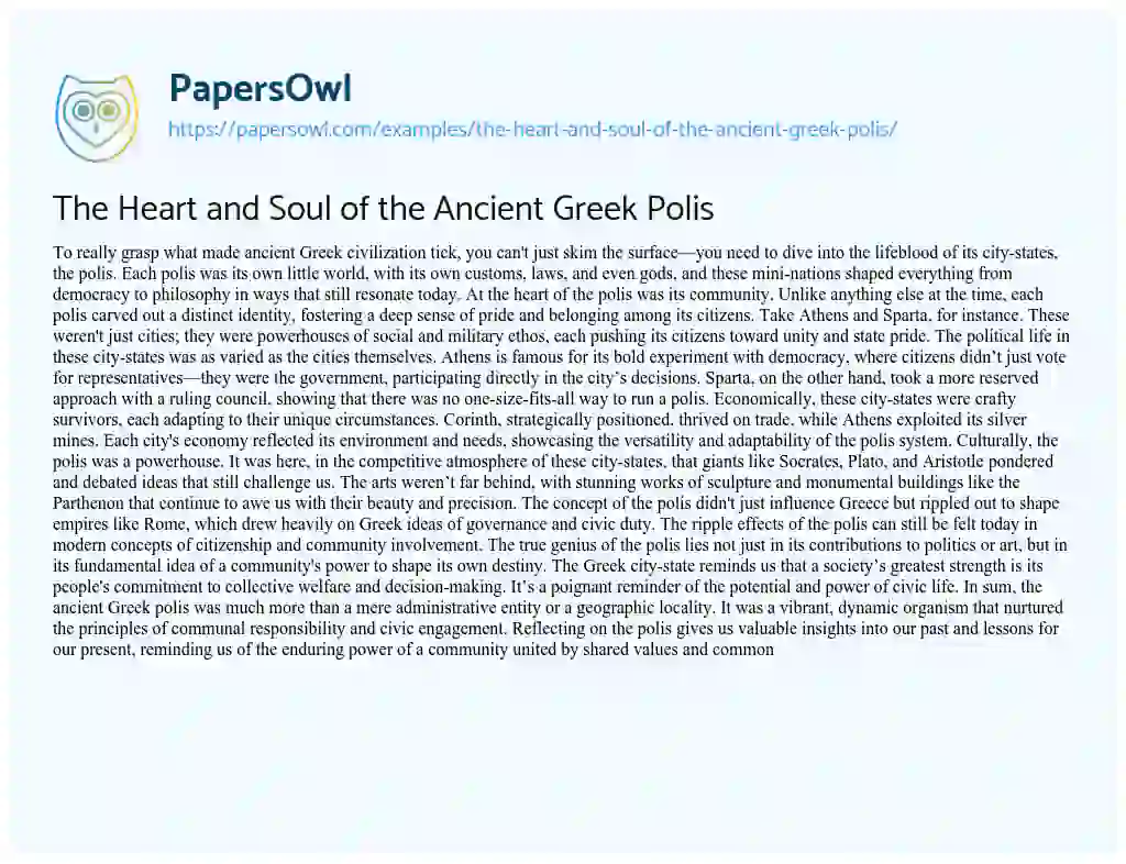 Essay on The Heart and Soul of the Ancient Greek Polis