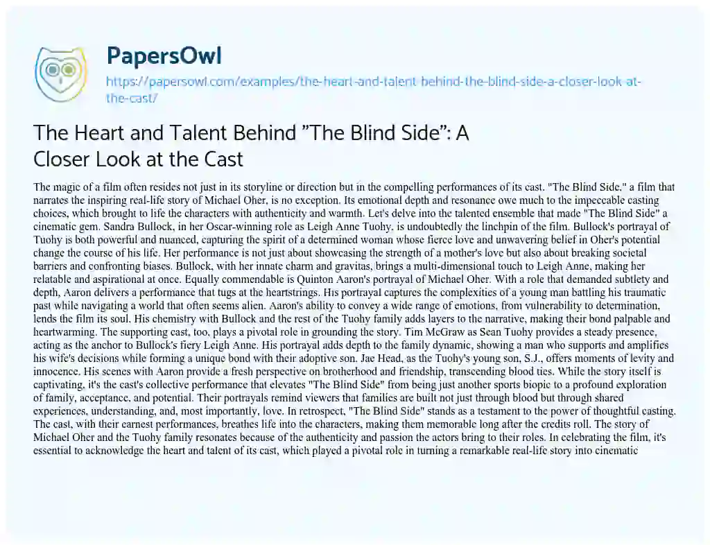Essay on The Heart and Talent Behind “The Blind Side”: a Closer Look at the Cast