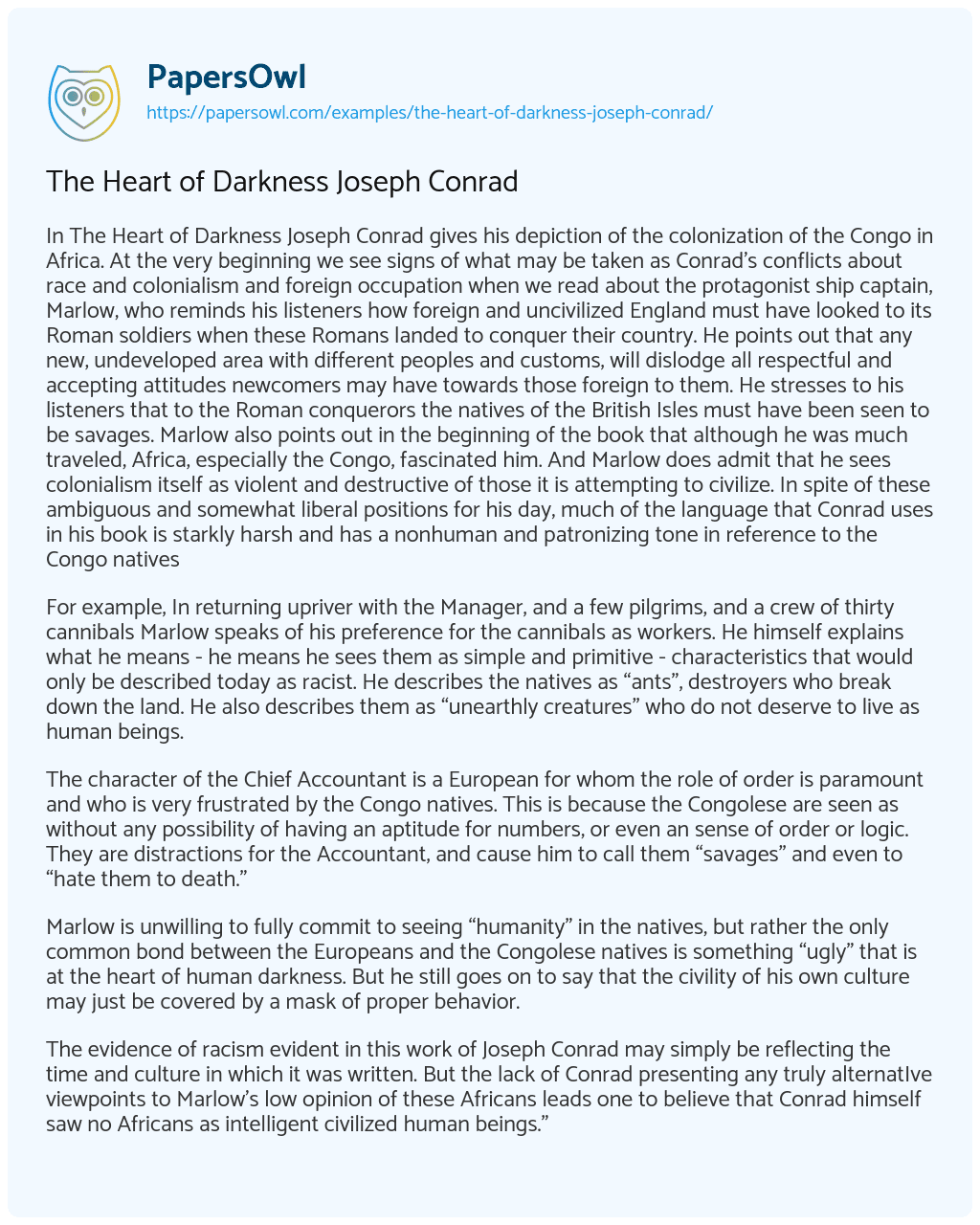 Essay on The Heart of Darkness Joseph Conrad