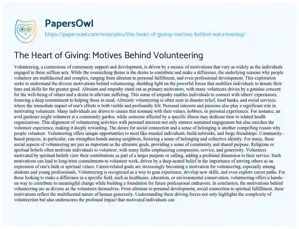 Essay on The Heart of Giving: Motives Behind Volunteering