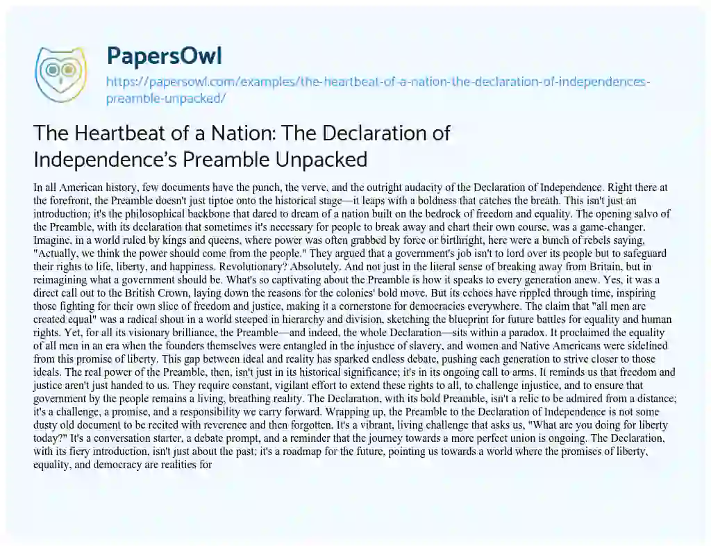 Essay on The Heartbeat of a Nation: the Declaration of Independence’s Preamble Unpacked