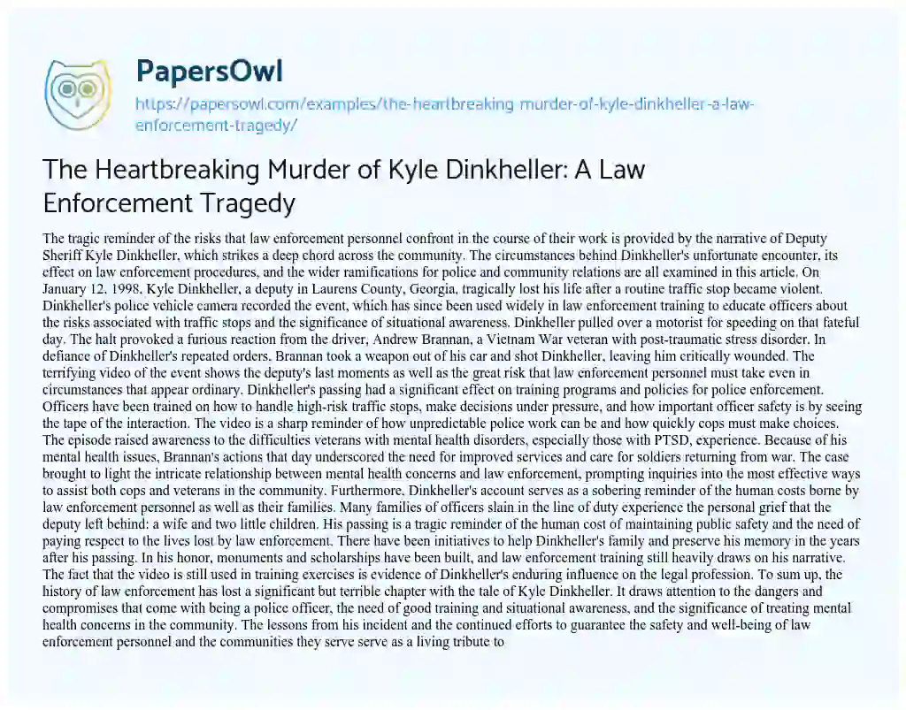 Essay on The Heartbreaking Murder of Kyle Dinkheller: a Law Enforcement Tragedy