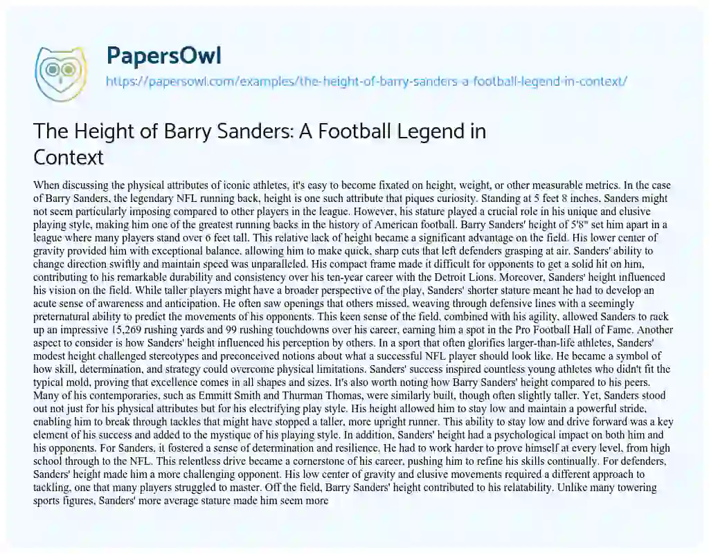 Essay on The Height of Barry Sanders: a Football Legend in Context