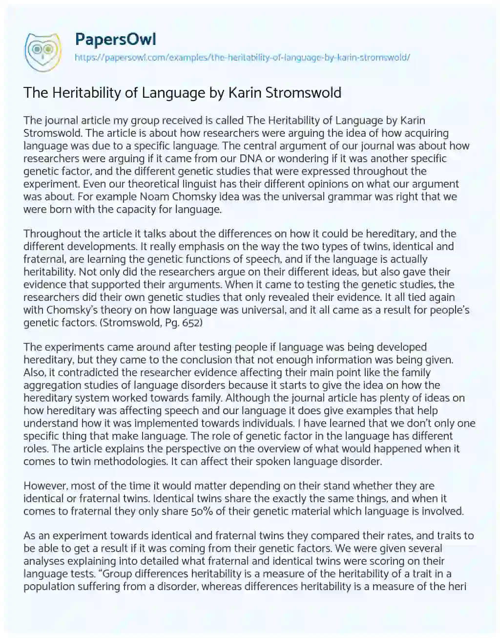 Essay on The Heritability of Language by Karin Stromswold