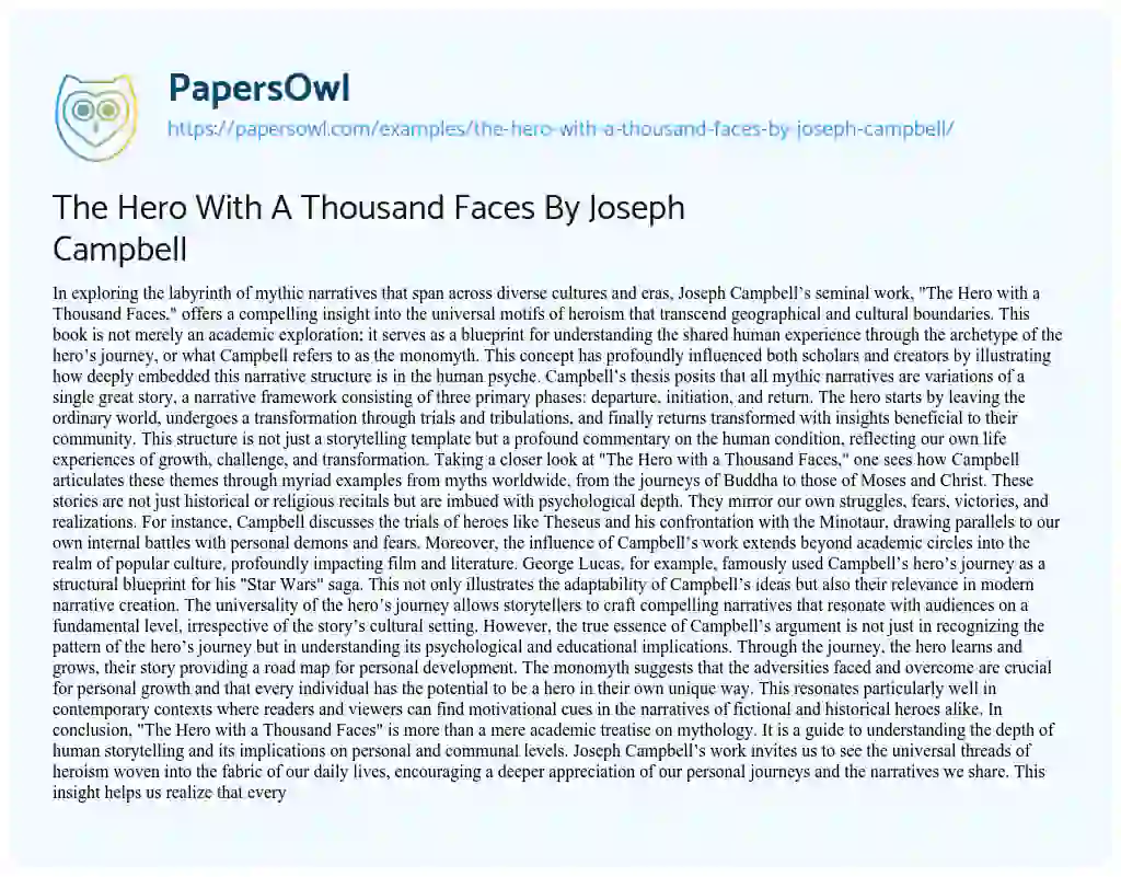 Essay on The Hero with a Thousand Faces by Joseph Campbell