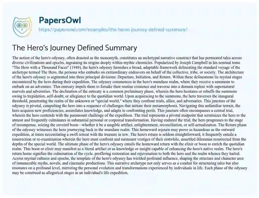 Essay on The Hero’s Journey Defined Summary