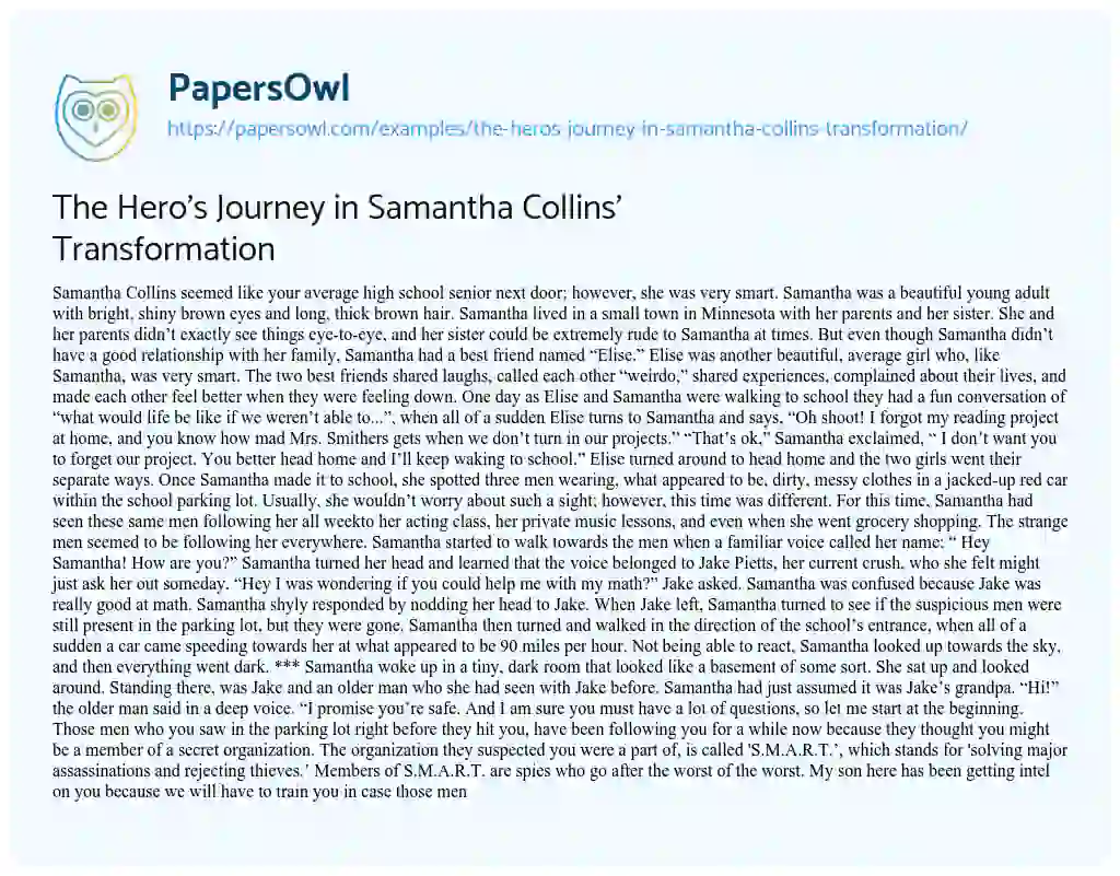 Essay on The Hero’s Journey in Samantha Collins’ Transformation