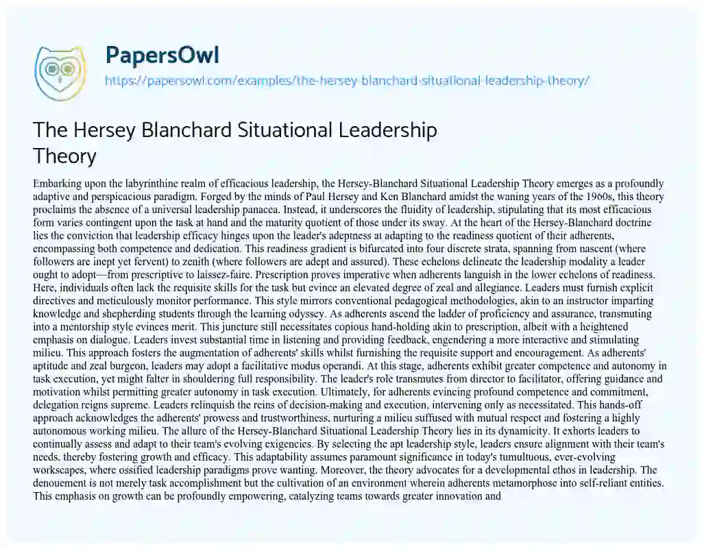 Essay on The Hersey Blanchard Situational Leadership Theory