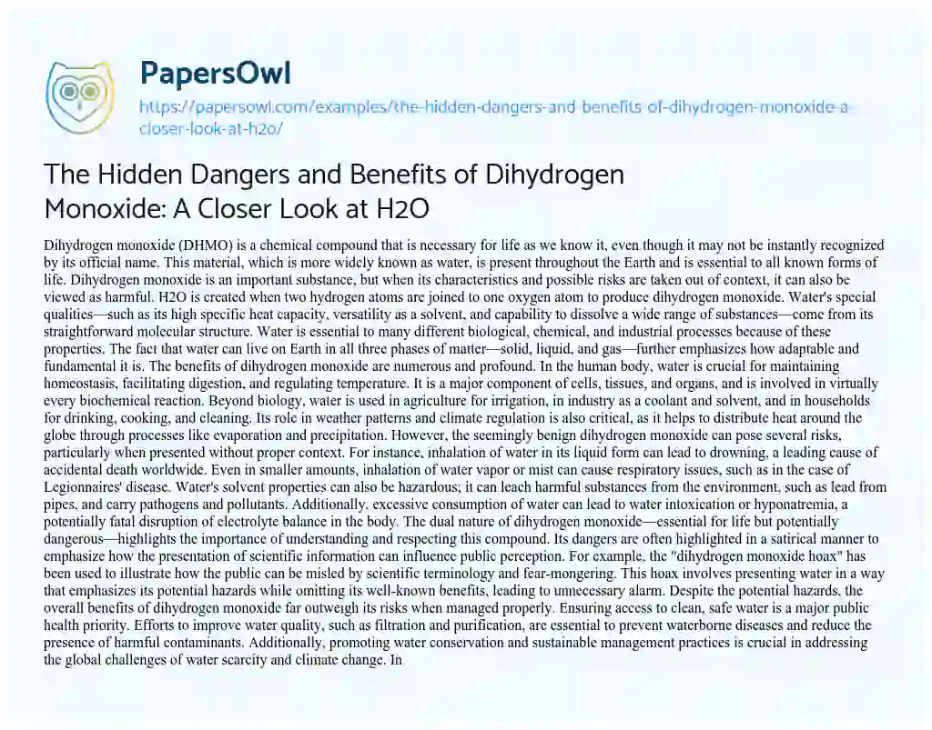 Essay on The Hidden Dangers and Benefits of Dihydrogen Monoxide: a Closer Look at H2O