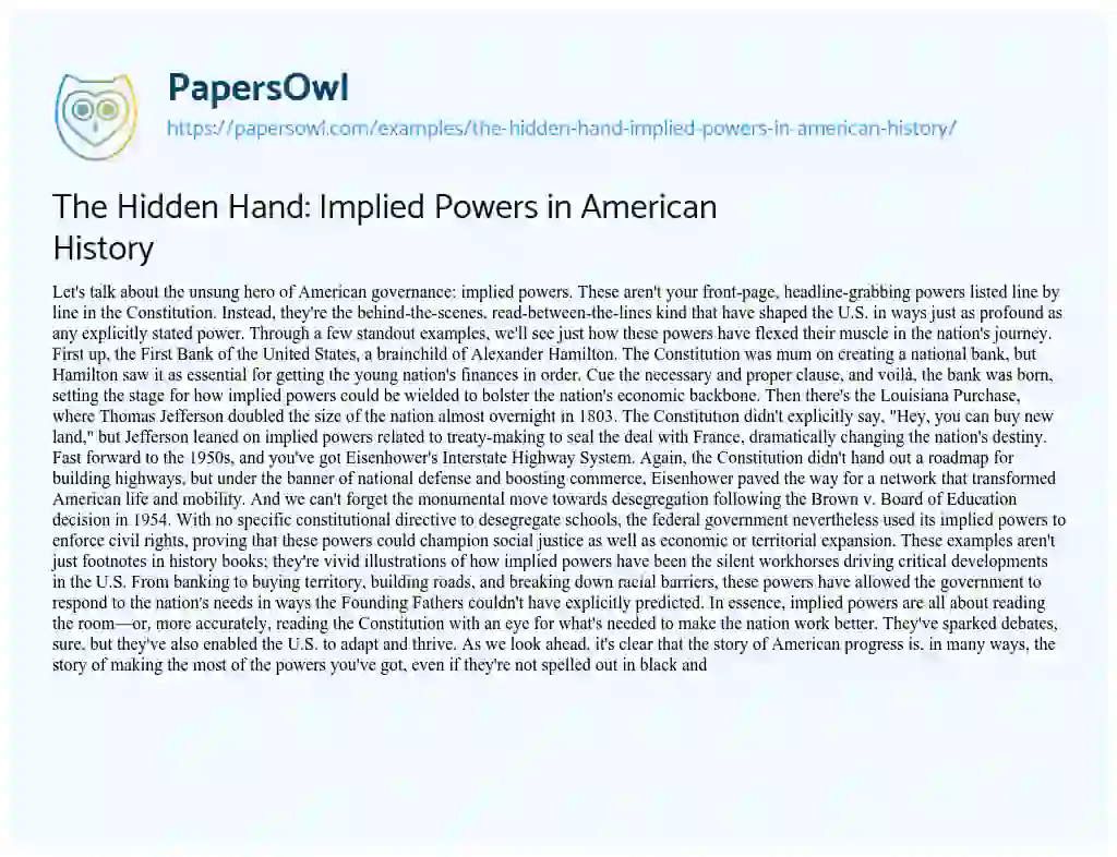Essay on The Hidden Hand: Implied Powers in American History