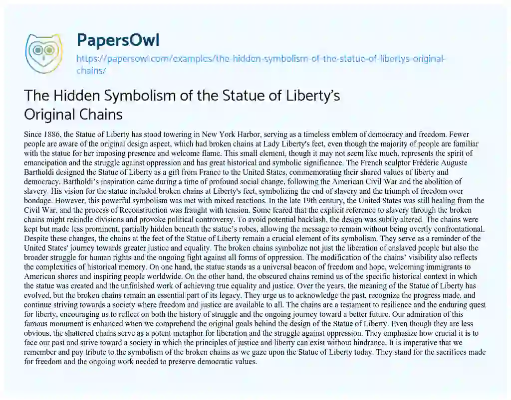 Essay on The Hidden Symbolism of the Statue of Liberty’s Original Chains