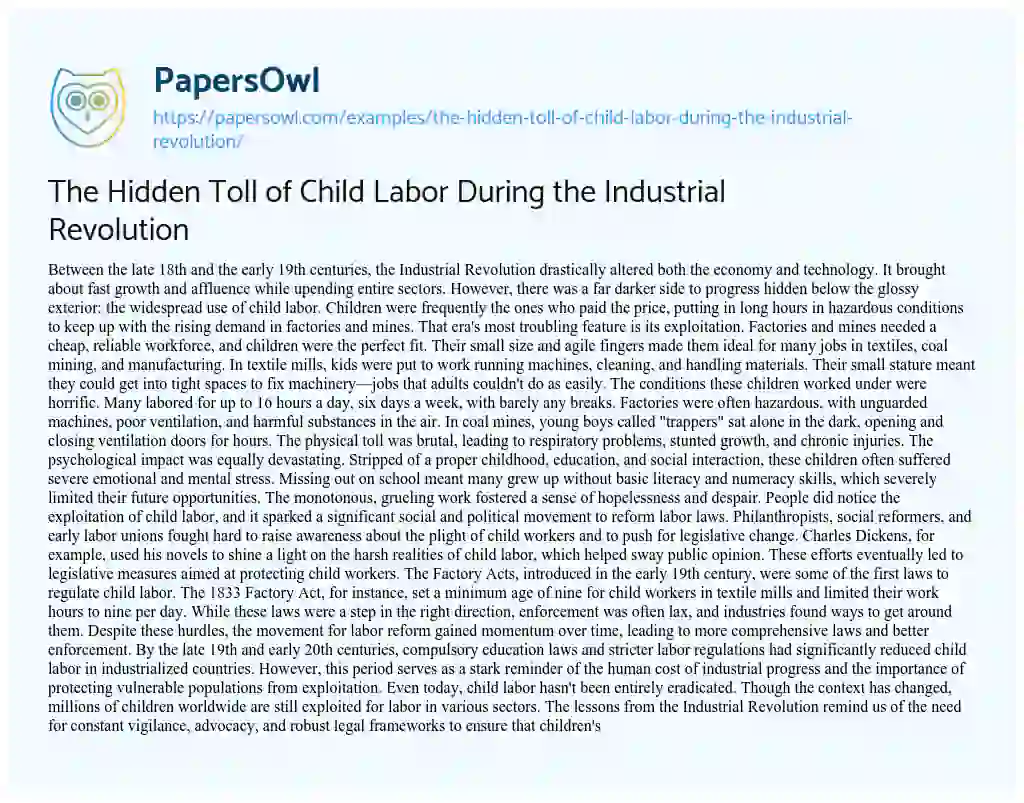 Essay on The Hidden Toll of Child Labor during the Industrial Revolution