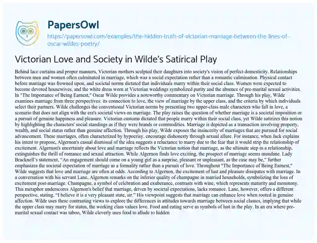 Essay on The Hidden Truth of Victorian Marriage between the Lines of Oscar Wilde’s Poetry