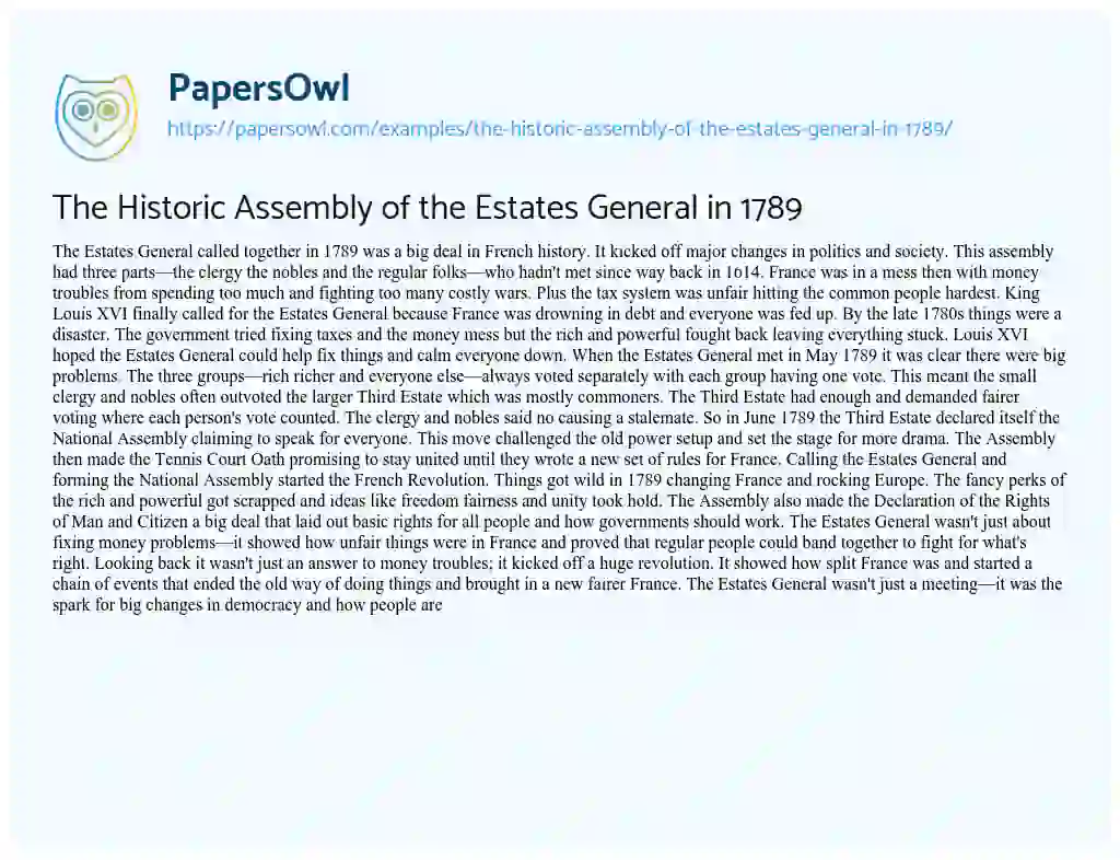 Essay on The Historic Assembly of the Estates General in 1789