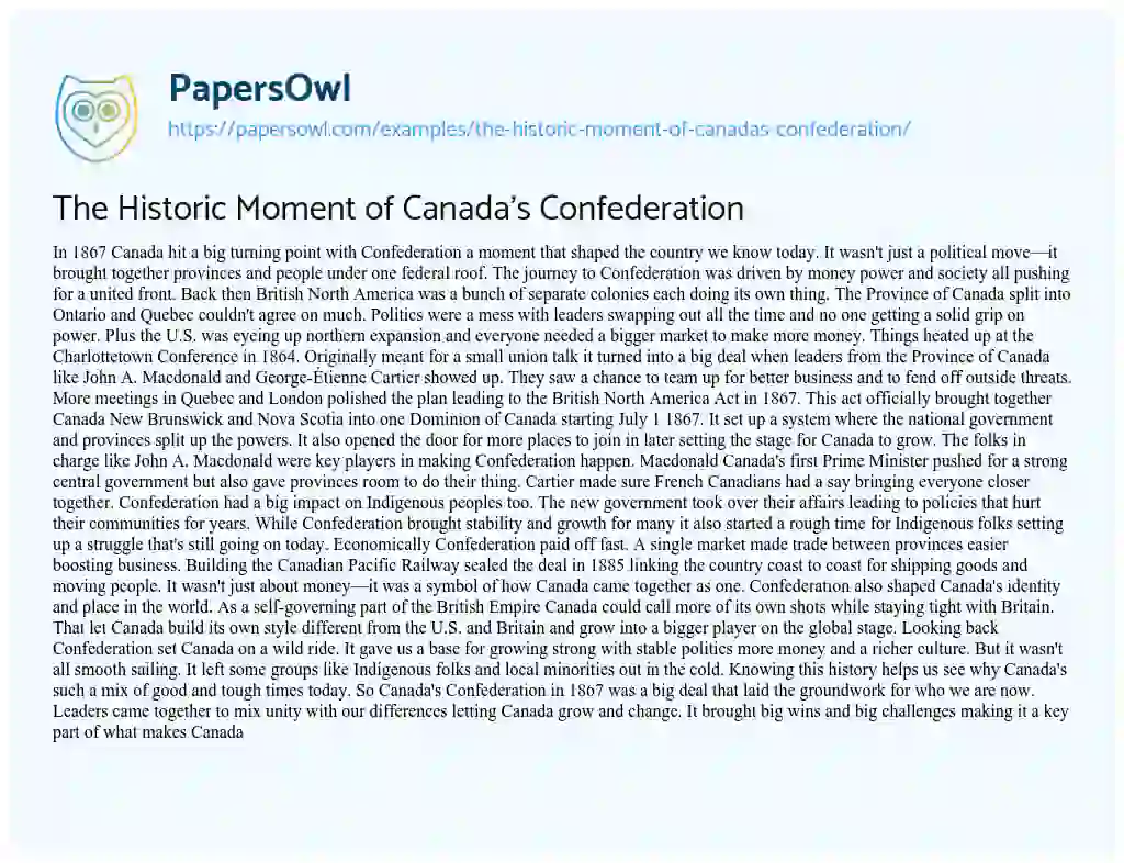 Essay on The Historic Moment of Canada’s Confederation