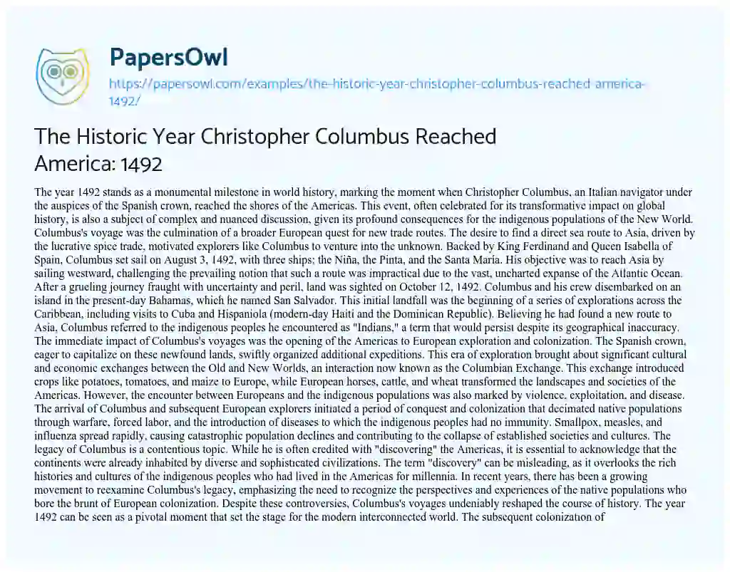 Essay on The Historic Year Christopher Columbus Reached America: 1492